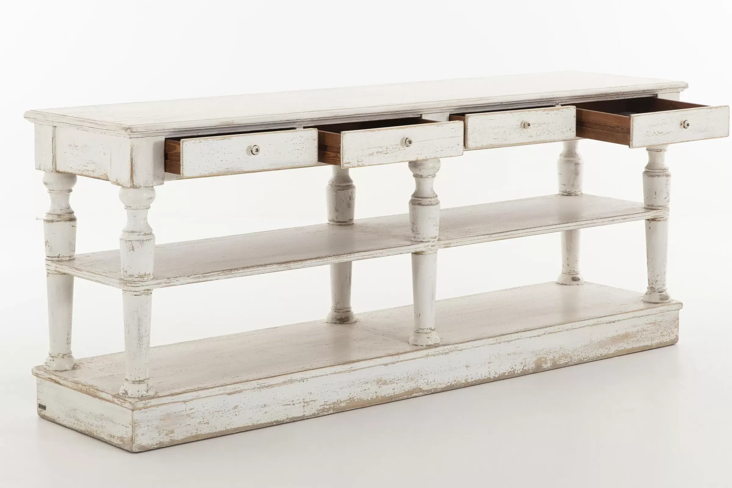 Table A Cafe^Flamant Henrice, Table Console, 3 Niveaux, 4 Tiroirs, Finition Antique
